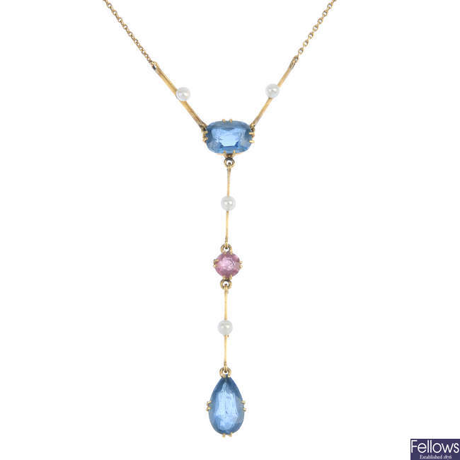 An early 20th century 15ct gold aquamarine, sapphire and seed pearl necklace.