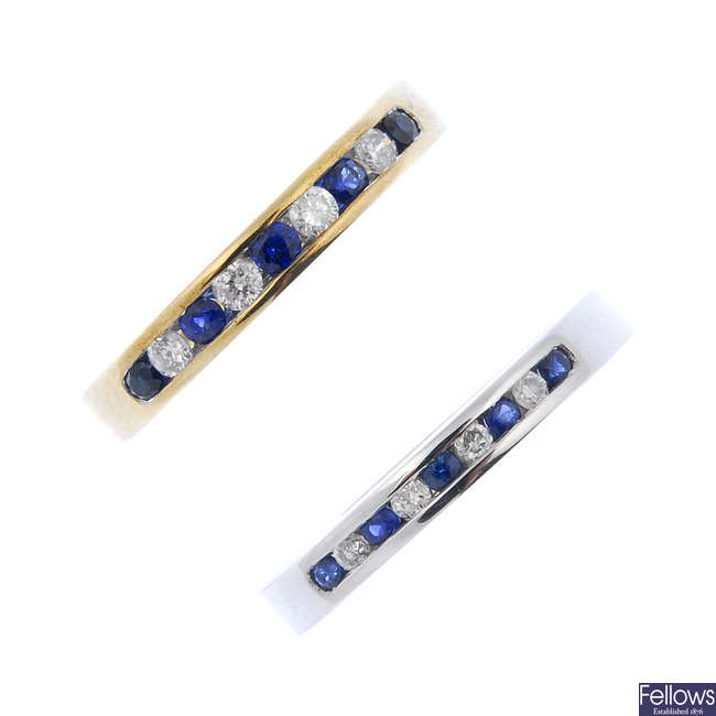 Two 9ct gold sapphire and diamond half-circle eternity rings. 