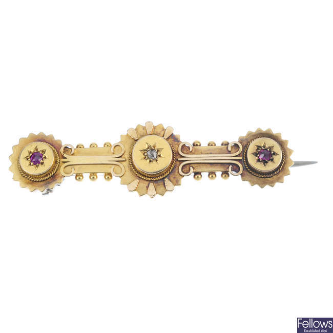A late 19th century 15ct gold diamond and gem-set brooch.