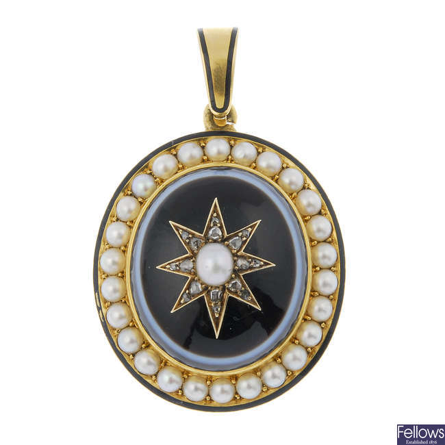 A late 19th century gold banded agate split pearl and enamel pendant.