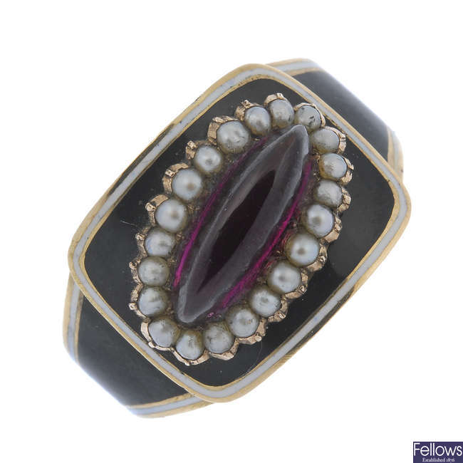 An early 19th century gold garnet, split pearl and enamel ring.