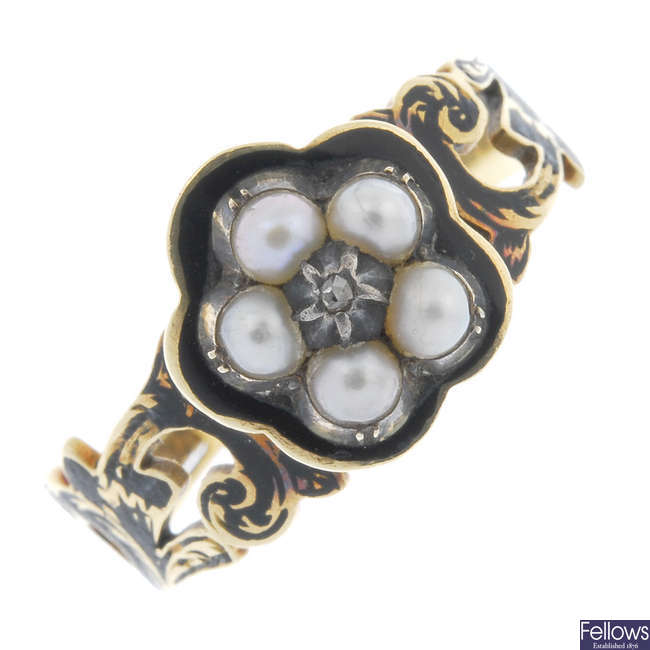 A mid Victorian 18ct gold diamond, split pearl and enamel mourning ring.