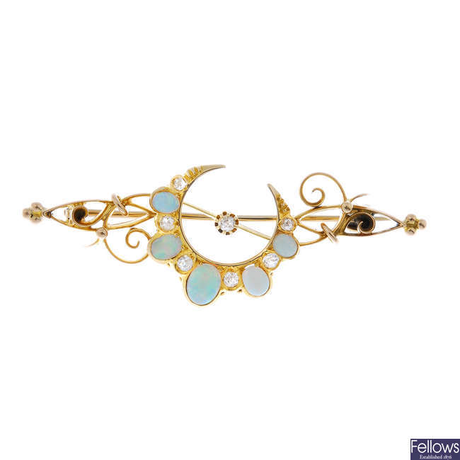An early 20th century 15ct gold opal and diamond brooch.