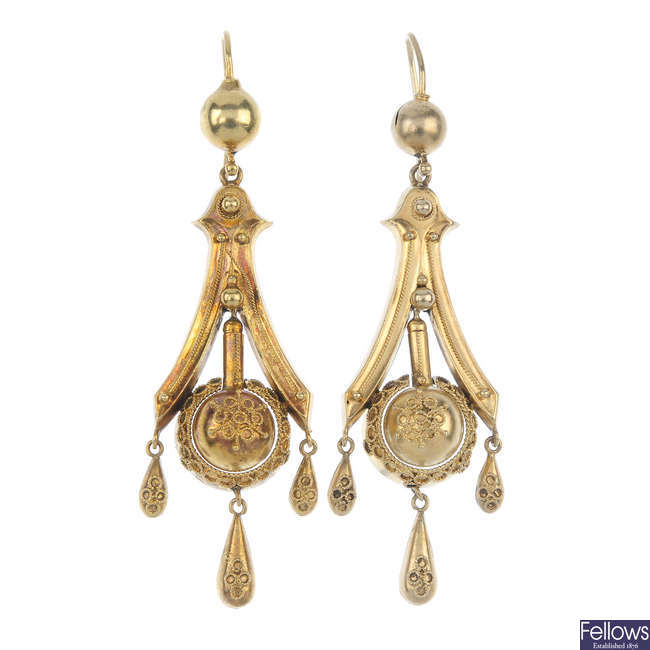 A pair of mid 19th century 18ct gold ear pendants.