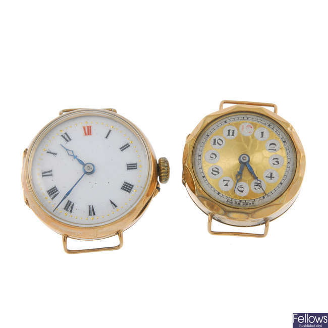 A group of five lady's manual wind 9ct yellow gold watch heads.