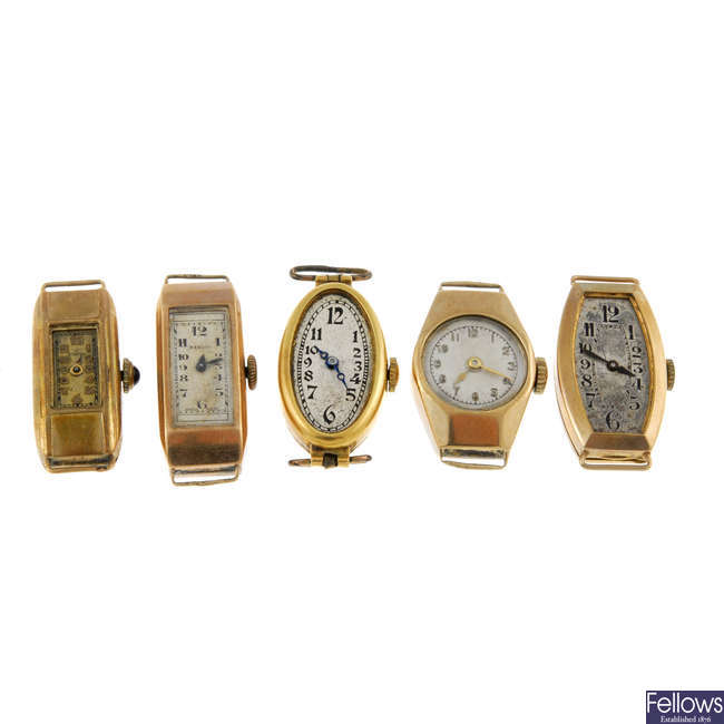 A group of five manual wind lady's yellow gold watch heads.