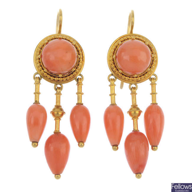 A pair of mid 19th century gold coral ear pendants.