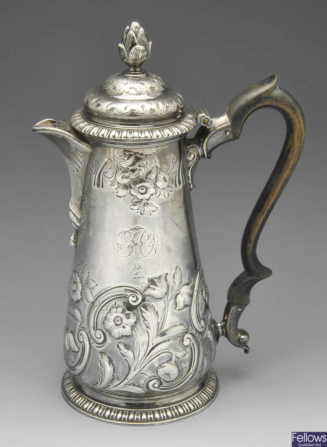 A George II silver hot water pot by Philip Garden 1750.