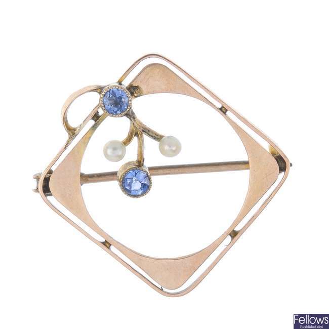 An early 20th century 9ct gold sapphire and seed pearl brooch.