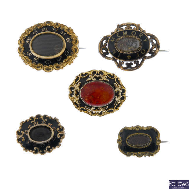 Five mid to late Victorian memorial brooches.