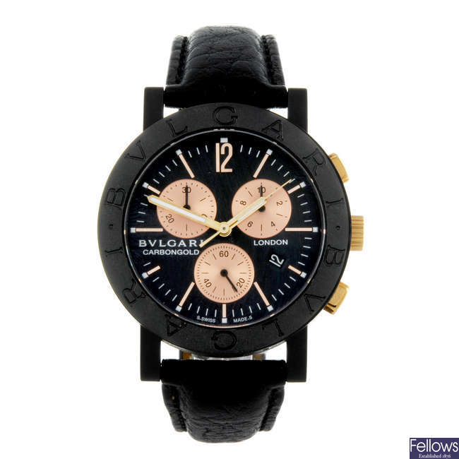 BULGARI - a limited edition gentleman's crbon fibre Carbongold London chronograph wrist watch.
