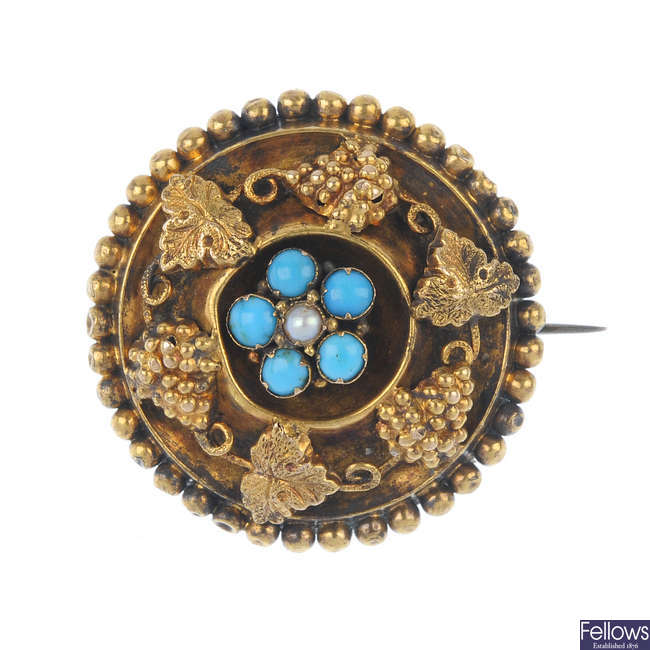 A late 19th century split pearl and turquoise brooch.