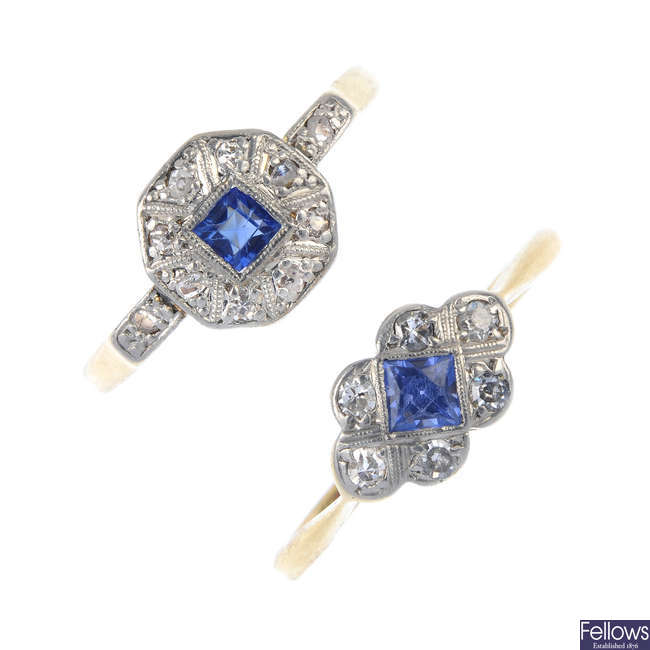 Two early to mid 20th century 18ct gold and platinum sapphire and diamond rings.