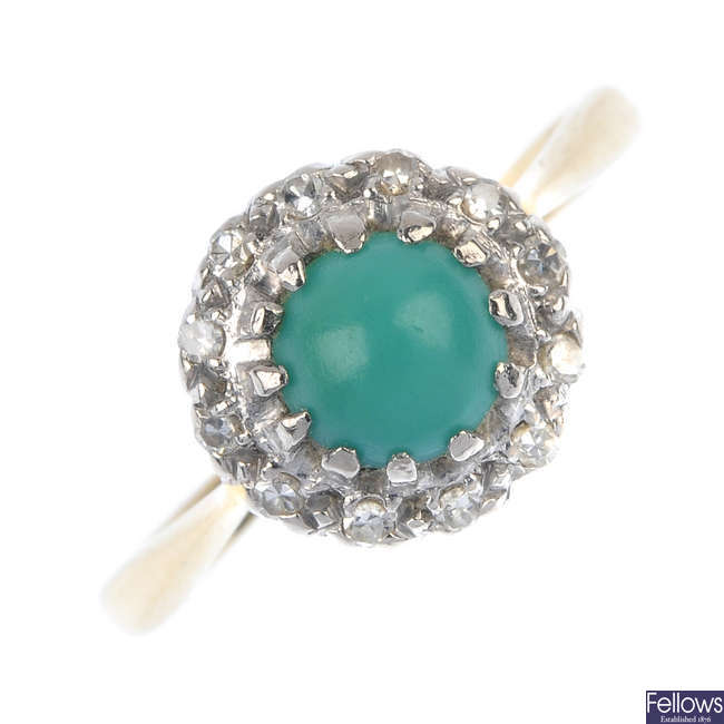 A 1960s 18ct gold turquoise and diamond cluster ring.