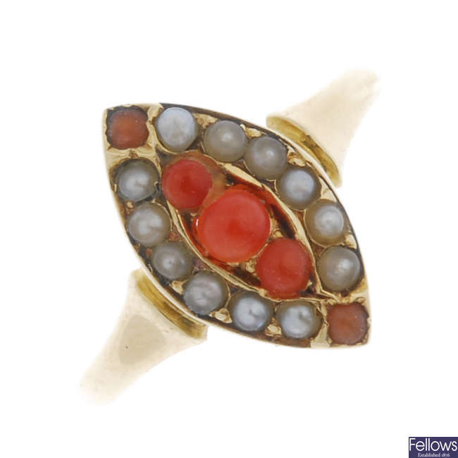 A mid Victorian 18ct gold coral and split pearl ring.