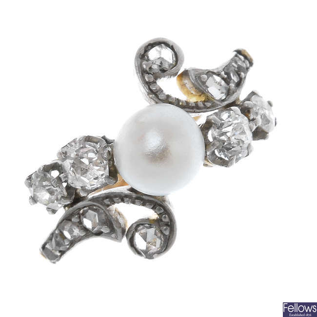 Two cultured pearl and diamond dress rings.