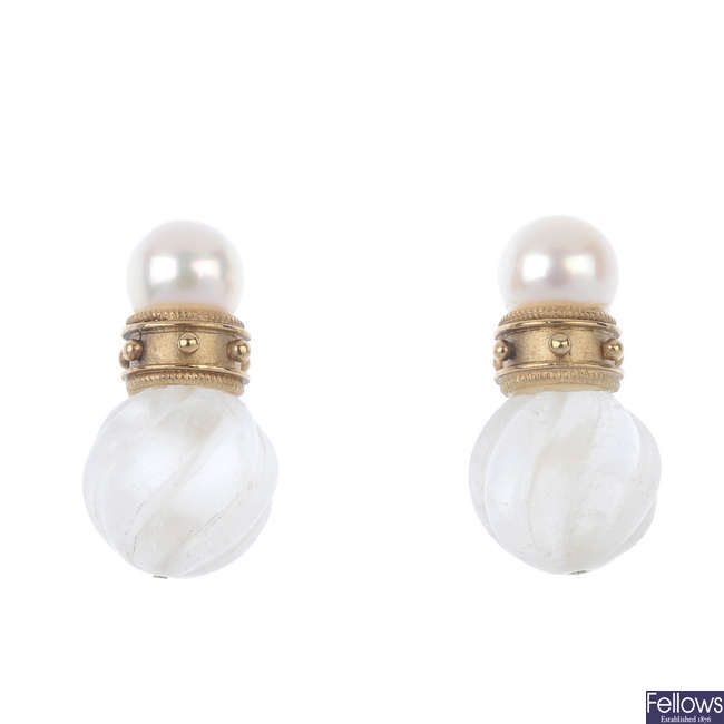 A pair of cultured pearl and rock crystal ear studs.