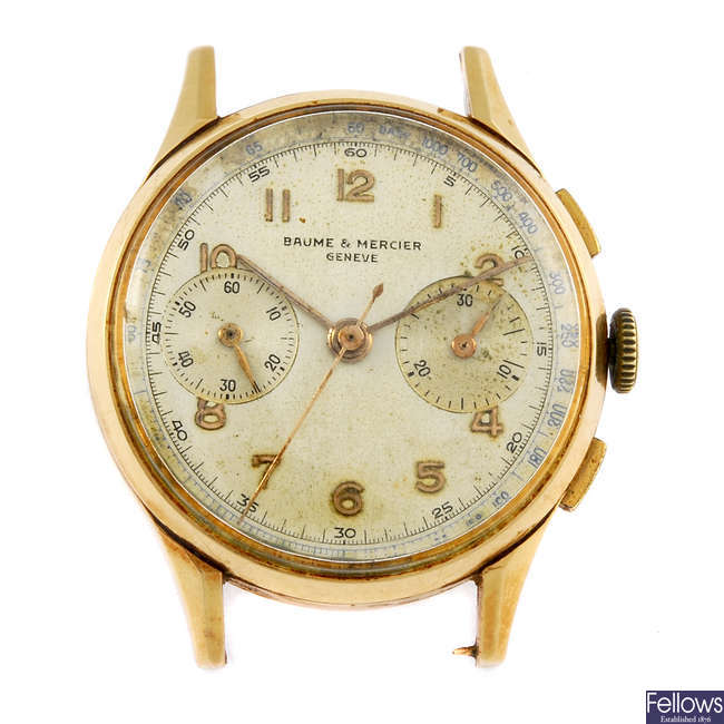 BAUME & MERCIER - a gentleman's yellow metal chronograph watch head.