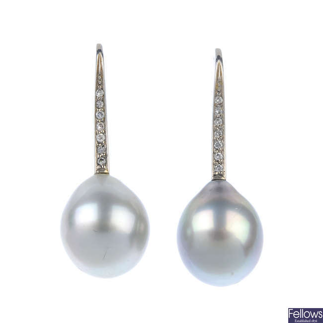 A pair of 18ct gold diamond and cultured pearl ear pendants.