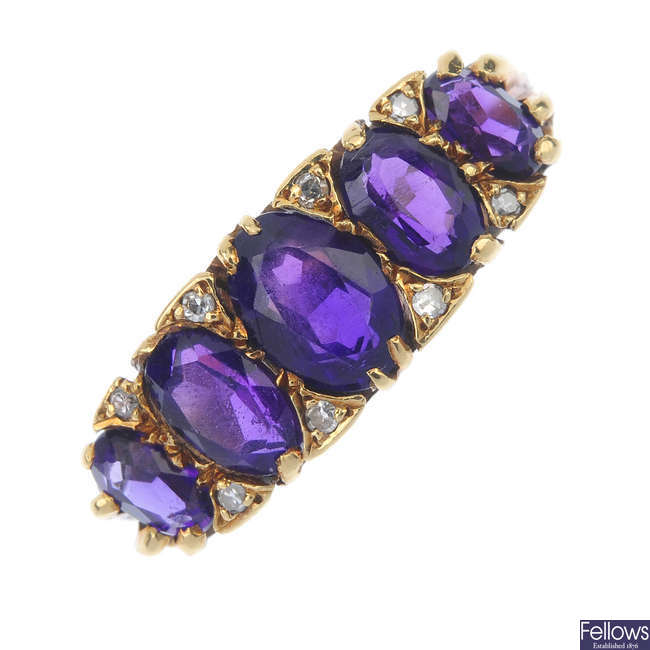A 1960s 18ct gold amethyst and diamond ring.