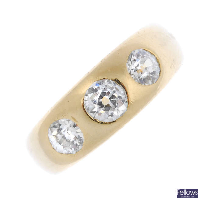 A late 19th century 18ct gold diamond three-stone ring.