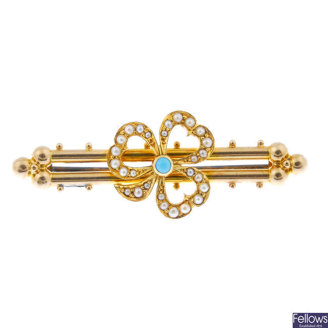 An early 20th century 15ct gold turquoise and split pearl brooch.