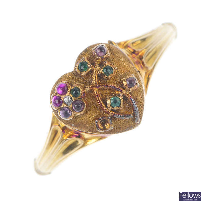 A late 19th century 18ct gold heart-shape hinged memorial ring.