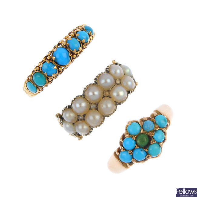 Three mid to late Victorian split pearl and turquoise rings.