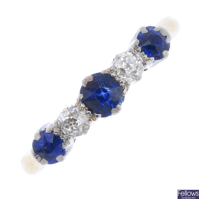 A mid 20th century 18ct gold and platinum sapphire and diamond five-stone ring.