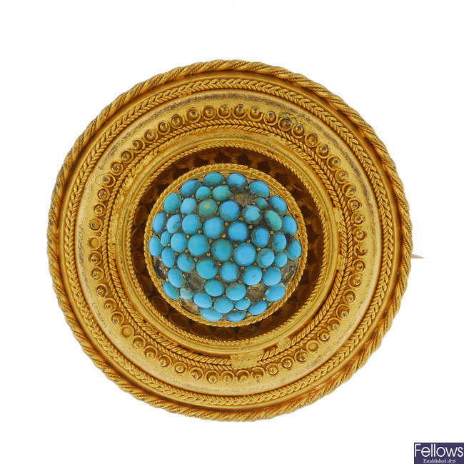 A late 19th century gold turquoise memorial brooch.