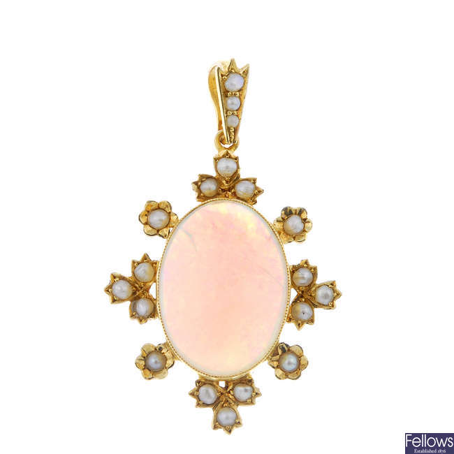 An early 20th century 15ct gold opal and split pearl pendant.