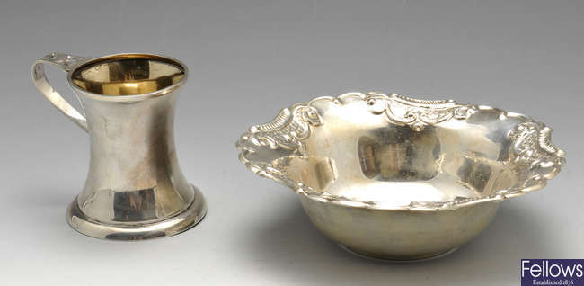 An Art Nouveau silver mug, etc.