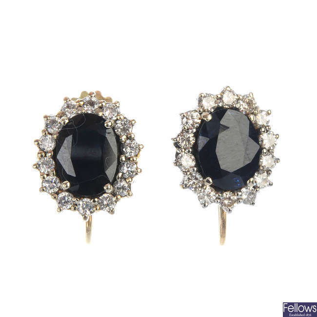 A pair of sapphire and diamond cluster earrings. 