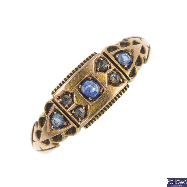 A late Victorian 15ct gold sapphire and diamond dress ring.