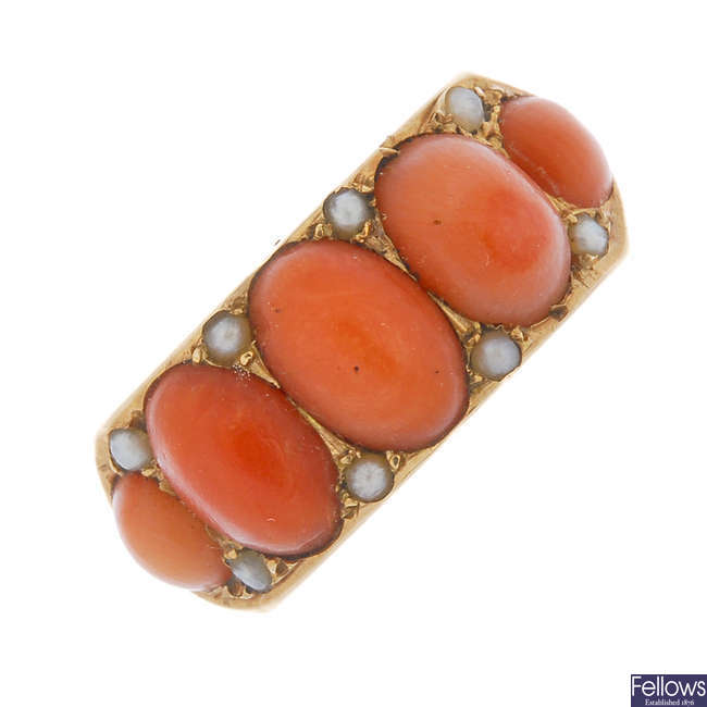 A mid Victorian 15ct gold coral and split pearl ring.