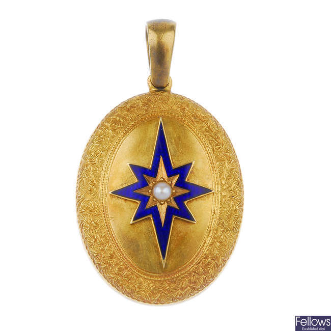 A late 19th century 18ct gold blue enamel and split pearl locket.