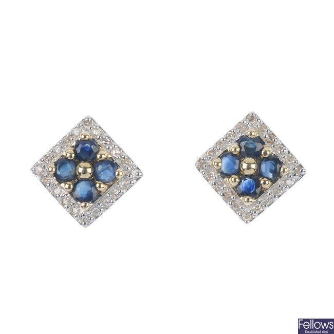 A pair of 9ct gold sapphire and diamond ear studs.
