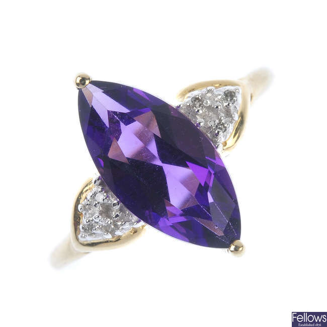 A 9ct gold amethyst and diamond dress ring.