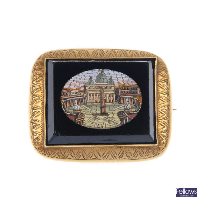 A late 19th century gold micro mosaic brooch depicting St Peters square in Rome.