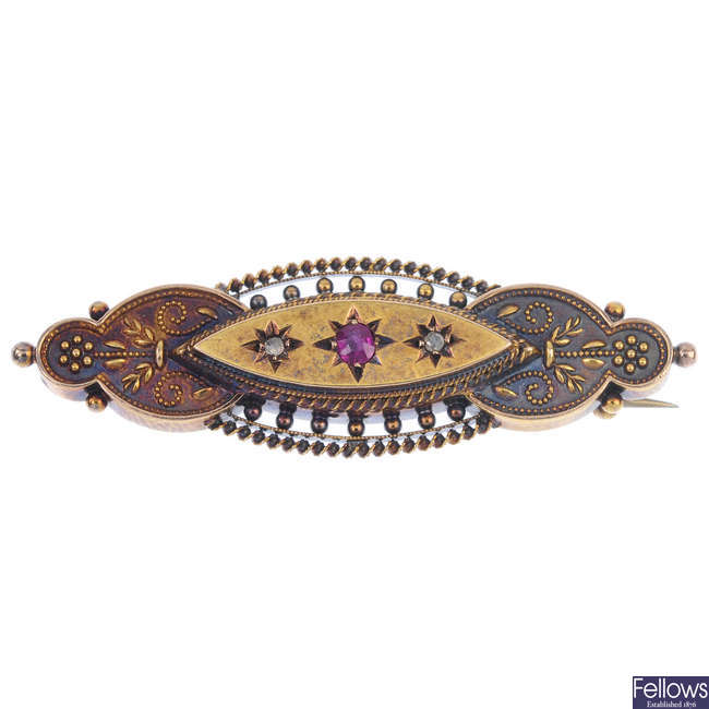 An early 20th century 15ct gold ruby and diamond brooch.
