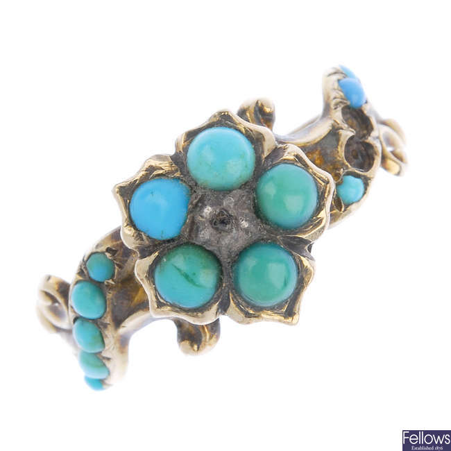 A mid Victorian 9ct gold turquoise and diamond forget-me-not ring.