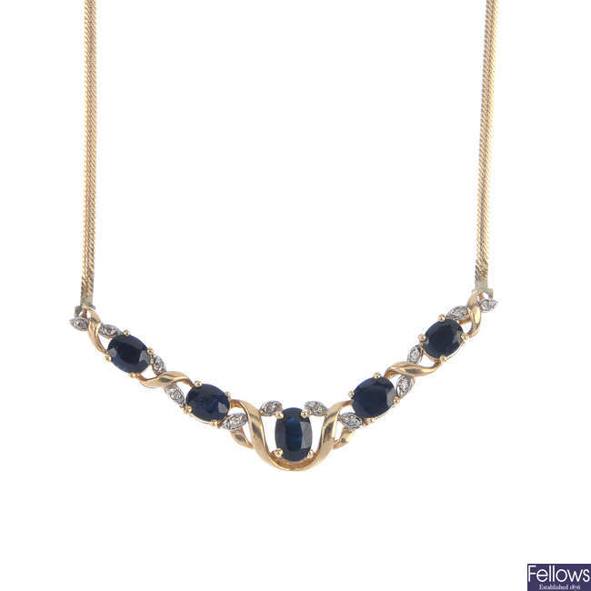 A 9ct gold sapphire and diamond necklace and a sapphire and diamond bracelet.