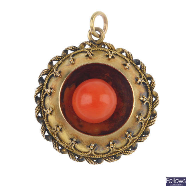 A late 19th century gold coral set pendant.