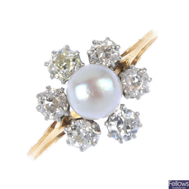 An early 20th century gold cultured pearl and diamond cluster ring.