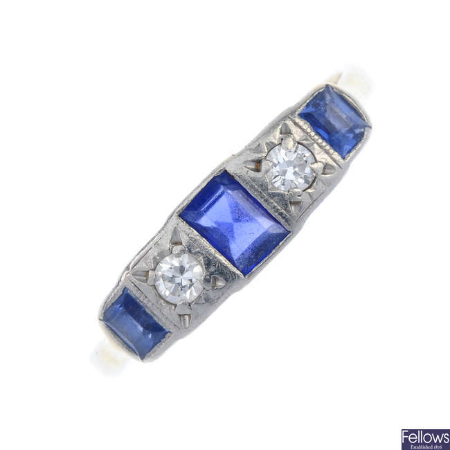 A mid 20th century 9ct gold sapphire and diamond five-stone ring.