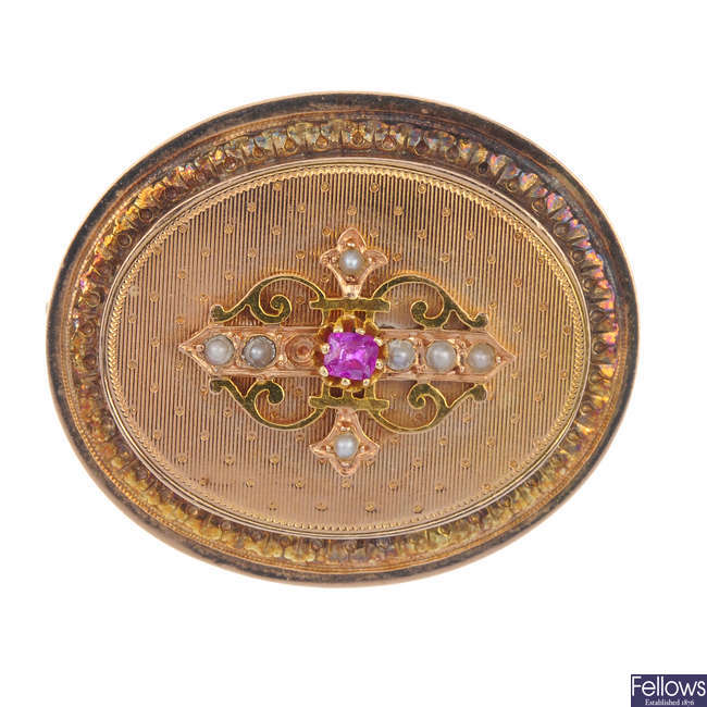 A late 19th century 15ct gold ruby and split pearl brooch.