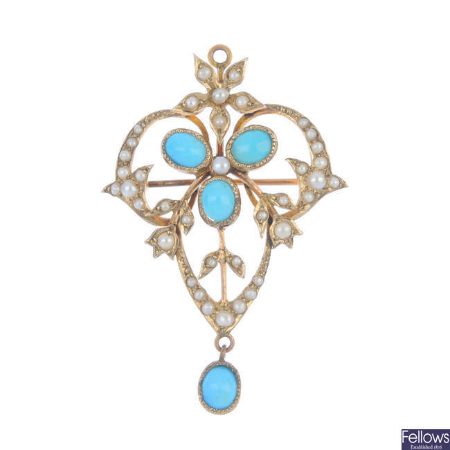 An early 20th century 9ct gold turquoise and split pearl pendant.