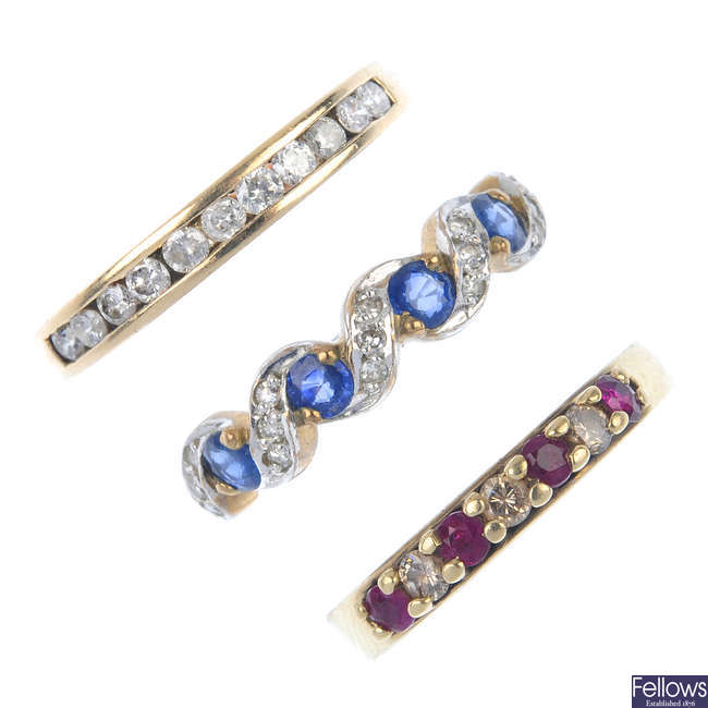 A selection of three diamond and gem-set rings.