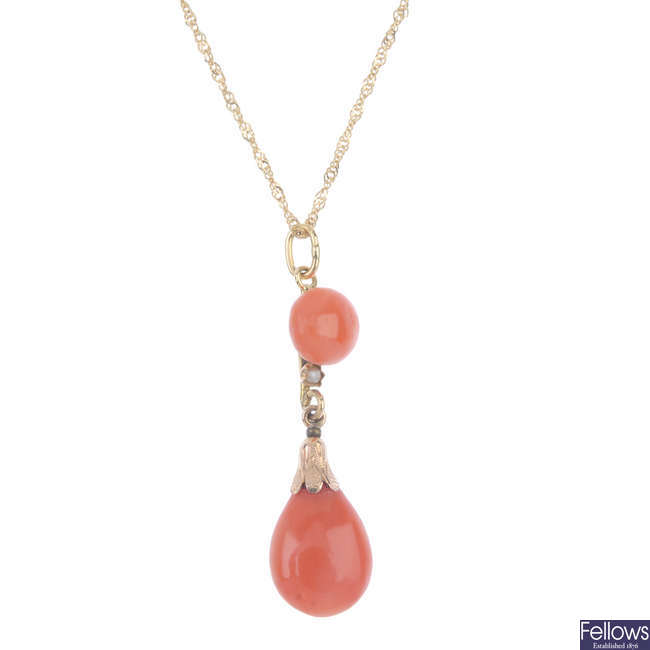 A coral and split pearl pendant, with chain.