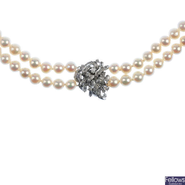 A cultured pearl and diamond necklace.